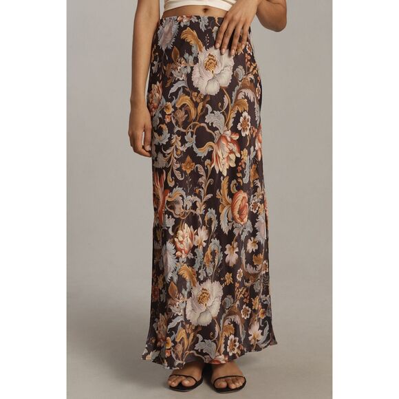 Anthropologie Tilda Maxi Slip Skirt Side-Slit Black Multi Size L - Picture 3 of 12